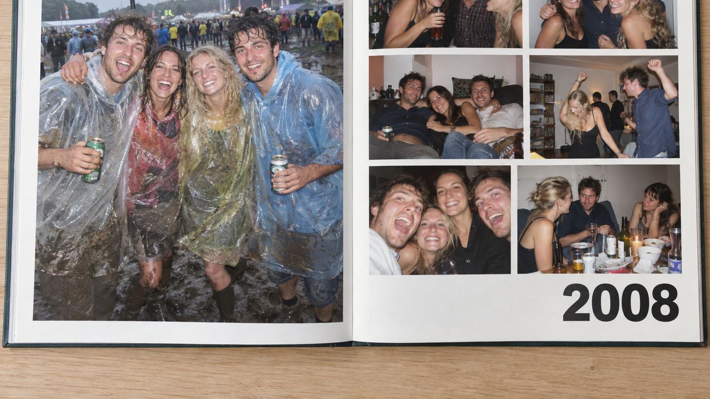 Dubbele pagina uit 2008 met een festivalfoto en huisfeestjes